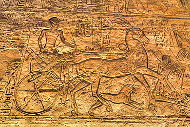 Ramses II in Chariot, Sunken Relief, Hypostyle Hall, Ramses II Temple, UNESCO World Heritage Site, Abu Simbel, Nubia, Egypt, North Africa, Africa