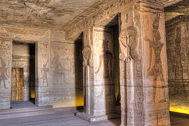 Square Pillars, Goddess Hathor head, Temple of Hathor and Nefertari, UNESCO World Heritage Site, Abu Simbel, Nubia, Egypt, North Africa, Africa