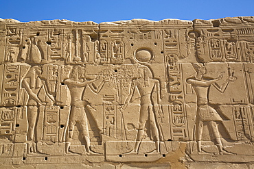 Reliefs of Deities and a Pharaoh on the right, Karnak Temple Complex, UNESCO World Heritage Site, Luxor, Thebes, Egypt, North Africa, Africa