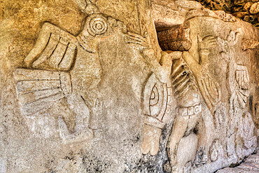 Stucco Relief Figures, Kukulcan Temple, Mayan Ruins, Mayapan Archaeological Zone, Yucatan State, Mexico, North America