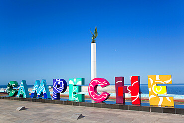 City Sign, Angel Maya Statue in the background, San Francisco del Campeche, State of Campeche, Mexico, North America