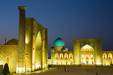 Evening, Ulug Bek and Tilla-Kari Madrassahs (left to right), Registan Square, Samarkand, Uzbekistan