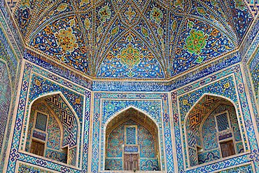 Entrance Ceiling and Wall Tiles, Tilla-Kari Madrassah (Completed 1660), Registan Square, Samarkand, Uzbekistan