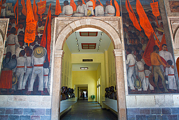 Entrance to Row of Busts of famous people, with murals by Diego Rivera, Secretaria de Educacion Building, Mexico City, Mexico, North America