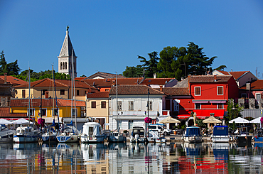 Pleasure Boats, Marina, Novigrad Port, Tower of St. Pelagius Church in the background, Old Town, Novigrad, Croatia, Europe