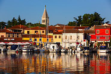 Pleasure Boats, Marina, Novigrad Port, Tower of St. Pelagius Church in the background, Old Town, Novigrad, Croatia, Europe