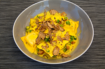 Food dish of Ravioli with Truffle Chips in Truffle Sauce, Restaurant, Old Town, Novigrad, Croatia, Europe