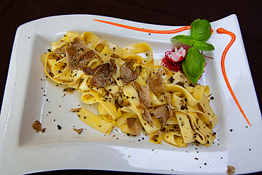 Tagliatelle Pasta with Truffle Chips in Truffle Olive Oil, Motovun, Central Istria, Croatia, Europe