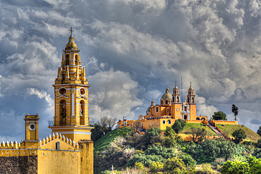 Stormy Weather, Convent of San Gabriel Arcangel in the foreground, Church de Nuestra Senora de los Remedios in the background, Cholula, Puebla State, Mexico, North America