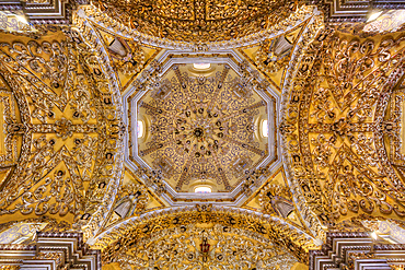 Polychrome Figures and Golden Reliefs, Ceiling, Baroque Interior, Church of San Francisco Acatepec,founded mid-16th century, San Francisco Acatepec, Puebla, Mexico, North America