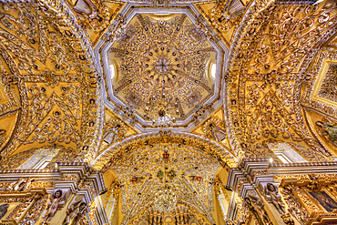 Polychrome Figures and Golden Reliefs, Ceiling, Baroque Interior, Church of San Francisco Acatepec, founded mid-16th century, San Francisco Acatepec, Puebla, Mexico, North America