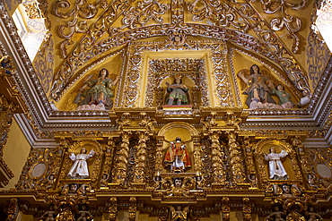 Polychrome Figures and Golden Reliefs, Baroque Interior, Church of San Francisco Acatepec, founded mid-16th century, San Francisco Acatepec, Puebla, Mexico, North America