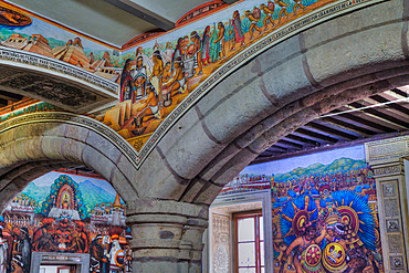 Governor's Palace, 16th century, Foyer, with Frescos by artist Disiderio Hernandez Xochitiotzin, Tlaxcala City, Tlaxcala State, Mexico, North America