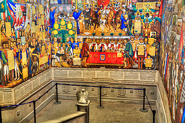 Governor's Palace, 16th century, Staircase, with Frescos by artist Disiderio Hernandez Xochitiotzin, Tlaxcala City, Tlaxcala State, Mexico, North America