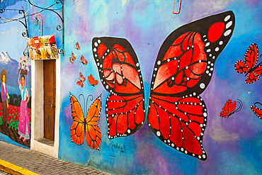 Mural of red butterfly, colourful Street Art, Avenue Hidalgo, Atlixco, Pueblos Magicos, Puebla State, Mexico, North America