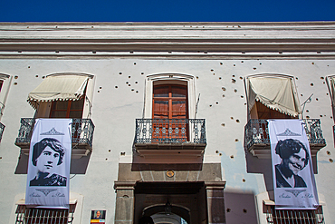 Bullet holes, Casa de Los Hermanos Serdan, Mexican Revolution Museum, Historic Center, UNESCO World Heritage Site, Puebla, Puebla State, Mexico, North America