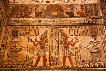 Reliefs of Pharaohs on far left and right, Sanctuary, Temple of Hathor, Dendera, Qena, Egypt, North Afica, Africa