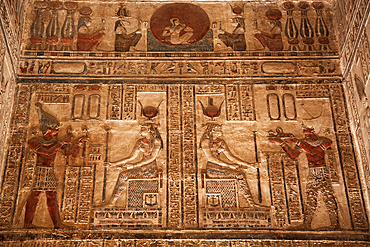 Reliefs of the Goddess Hathor in center, with Pharaohs to left and right, Sanctuary, Temple of Hathor, Dendera, Qena, Egypt, North Afica, Africa