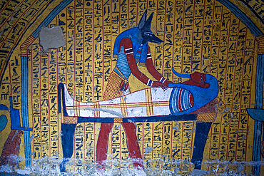 Wall painting of the God Anubis Tending to Pharaoh, Tomb of Khaemteri, TT220, Deir el-Medina Tombs (Worker Tombs), Thebes, UNESCO World Heritage Site, Luxor, Egypt, North Africa, Africa