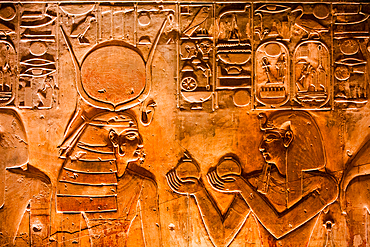 Pharaoh Seti I on right, Goddess Hathor on left, Bas Relief, Tomb of Seti I, KV17, Valley of the Kings, Ancient Thebes, UNESCO World Heritage Site, Luxor, Egypt, North Africa, Africa