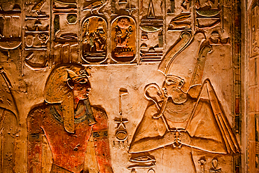 Pharaoh Seti I on left and God Osiris right, Bas Relief, Tomb of Seti I, KV17, Valley of the Kings, Ancient Thebes, UNESCO World Heritage Site, Luxor, Egypt, North Africa, Africa