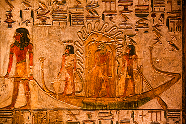 Bas Relief of Boat, Tomb of Seti I, KV17, Valley of the Kings, Ancient Thebes, UNESCO World Heritage Site, Luxor, Egypt, North Africa, Africa