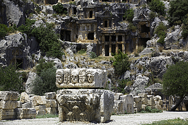 Lycian Rock Sculpture (foreground), Lycian Rock Tombs, 4th Century BC, Myra Ancient City, Demre, Antalya, Turkey