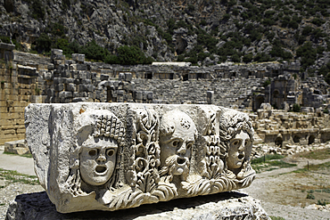 Lycian Rock Sculpture, 4th Century BC (foreground), Roman Theater, 3rd Century CE, (background), Myra Ancient City, Demre, Antalya, Turkey