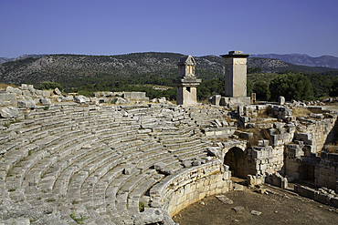 Lycian Pillar Tomb (left) & Harpy Monument, Xanthos Archaeological Site, Originally Founded 8th Century BC, UNESCO World Heritage Site, Near Kalkan, Antalya, Turkey