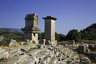 Lycian Pillar Tomb (left) & Harpy Monument, Xanthos Archaeological Site, Originally Founded 8th Century BC, UNESCO World Heritage Site, Near Kalkan, Antalya, Turkey