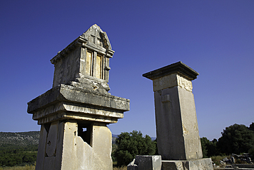 Lycian Pillar Tomb (left) & Harpy Monument, Xanthos Archaeological Site, Originally Founded 8th Century BC, UNESCO World Heritage Site, Near Kalkan, Antalya, Turkey
