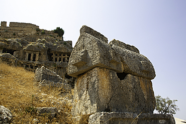 Sarcophagus, 4th century BC - 3rd century AD, Rock Tombs (background), Tlos, Ancient Lycian City, Mugla Province, Turkey