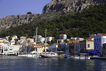Boats, Houses, Harbor, Megisti Bay, Kastellorizo, Dodecanese Islands, Greece