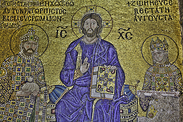 Mosaic, Emperor Constantine IX Monomachos (left), Jesus (center), Empress Zoe (right), Interior, Hagia Sophia Grand Mosque, Sultanahmet, Istanbul, Turkey