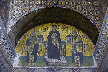 The Vestibule Mosaic, Justinian (left), Mary with Christ (center), Constantine (right), Hagia Sophia Grand Mosque, Sultanahmet, Istanbul, Turkey