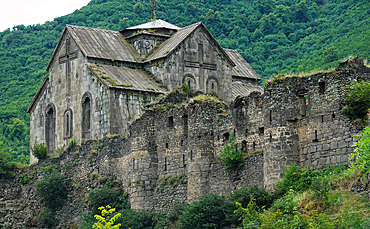 Akhtala Monastery Fortress, a fortified 10th-century Orthodox stone monastery with large, artistic wall frescoes, Debed canyon, northern Armenia