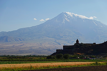 Looking towards Mount Ararat, Turkey's highest peak, from Khor Virap monastery, southern Armenia