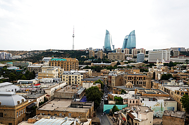 Architecture including the iconic Flame Towers in central Baku, Azerbaijan