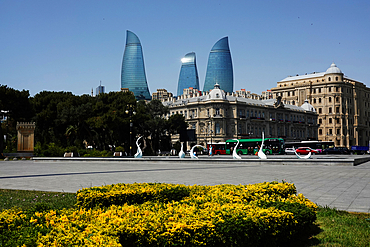 Architecture including the iconic Flame Towers in central Baku, Azerbaijan