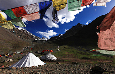 Prayer flags flying at high altitude, Ladakh, India