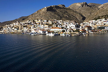 The town of Pothia see from the sea, on the Greek Island of Kalymnos, Dodecanese, Greek Islands, Greece, Europe