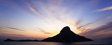 Telendos Island at sunset seen from Massouri, Kalymnos, Dodecanese, Greek Islands, Greece, Europe