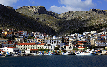 The town of Pothia seen from the sea, Kalymnos island, Dodecanese, Greek Islands, Greece, Europe