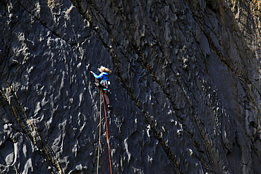 A climber scales cliffs at Lower Sharpnose Point, north Cornwall, England, United Kingdom, Europe