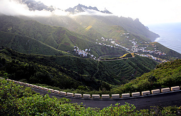 Looking down to the coastal town Taganana, Anaga Peninsula, Northern Tenerife, Spain, Europe