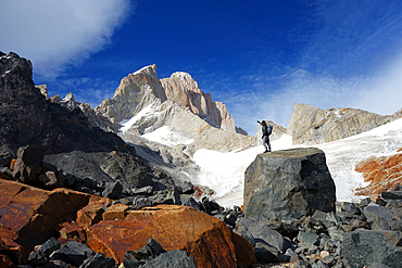 Looking up towards Monte Fitz Roy, El Chalten Massif, Argentine Patagonia, Argentina, South America