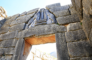 The Lions' Gate in the ruins of the ancient city of Mycenae, UNESCO World Heritage Site, Peloponnese, Greece, Europe