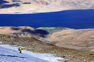 Descending from the summit of Mentok II, 6200m, above Tso Mori Lake Ladakh, India, Asia