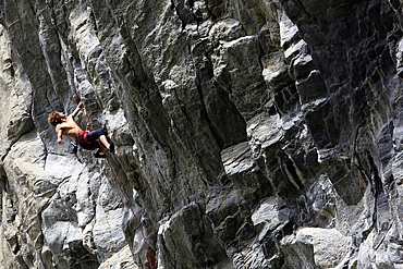 Rock climber in action, Flatanger, Norway, Scandinavia, Europe