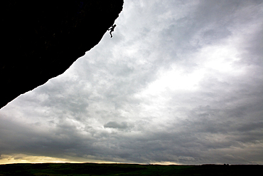 Rock climber in action, Kilnsey Crag, North Yorkshire, Yorkshire, England, United Kingdom, Europe